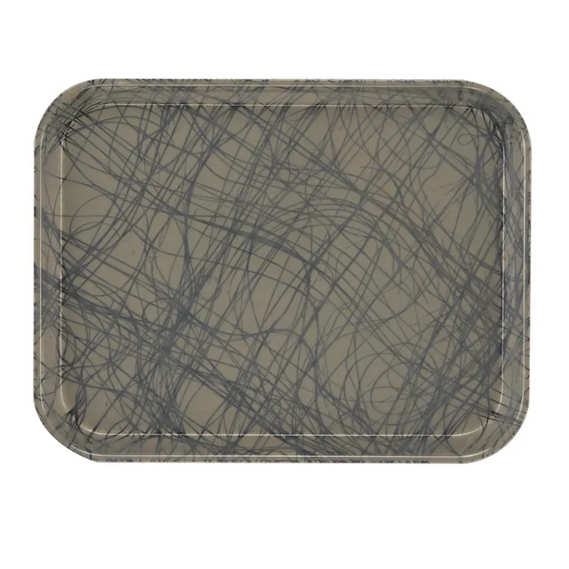 A rectangular Camtray with rounded corners, crafted from high-impact fiberglass and featuring a glossy gray surface adorned with abstract intersecting dark gray and black scribble-like lines. This tray is dishwasher safe with a slightly raised edge.