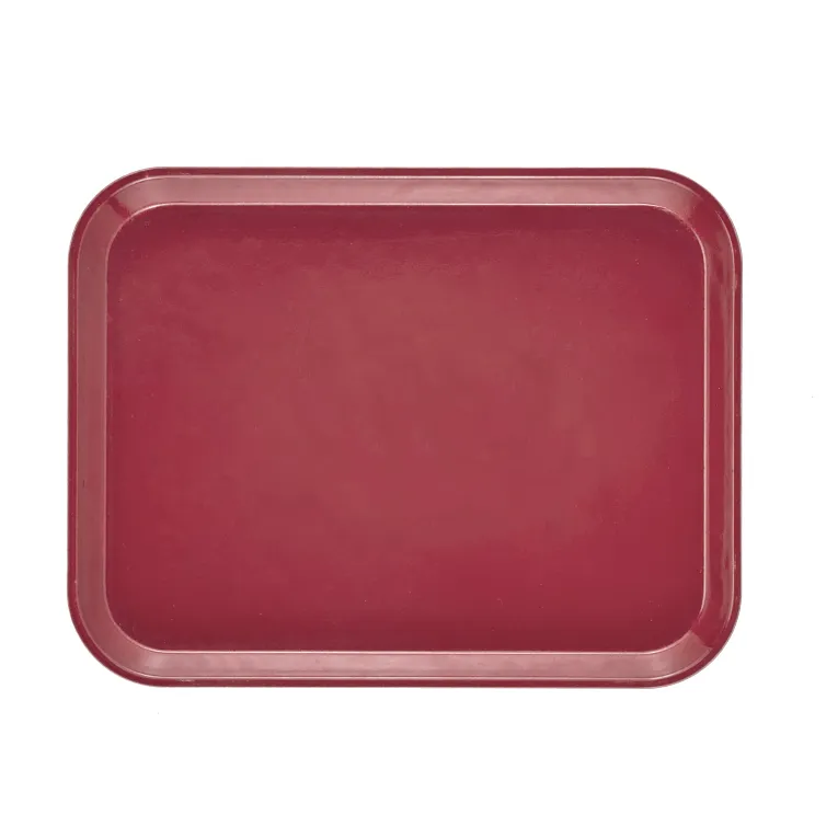 A rectangular, deep red Camtray made from high-impact fiberglass is shown against a white background. With rounded corners, slightly raised edges, and a glossy finish, this tray appears empty and is also dishwasher safe.