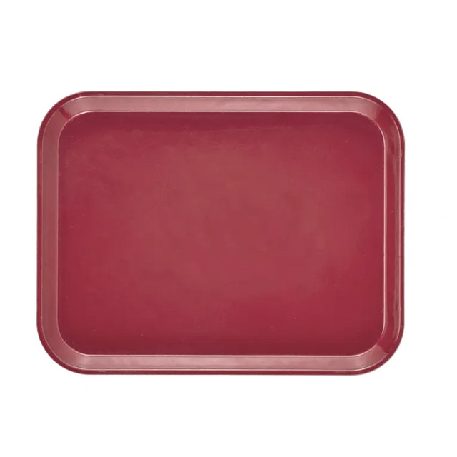 A rectangular, deep red Camtray made from high-impact fiberglass is shown against a white background. With rounded corners, slightly raised edges, and a glossy finish, this tray appears empty and is also dishwasher safe.