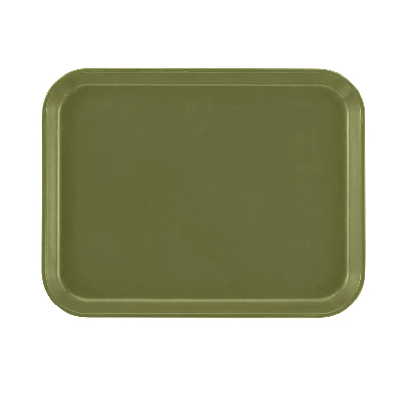 A rectangular, olive green Camtray with rounded edges and a flat surface, pictured on a plain white background. This high-impact fiberglass tray has a smooth finish, no handles or extra features, and is dishwasher safe for easy cleaning.