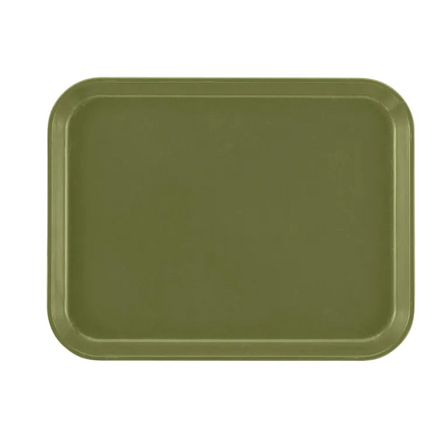 A rectangular, olive green Camtray with rounded edges and a flat surface, pictured on a plain white background. This high-impact fiberglass tray has a smooth finish, no handles or extra features, and is dishwasher safe for easy cleaning.