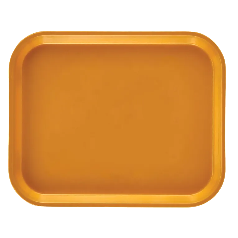 A Camtray rectangular tray with rounded corners, shown from above. Made of high-impact fiberglass, it features raised edges and a solid mustard yellow color. The dishwasher safe tray is set against a plain white background.