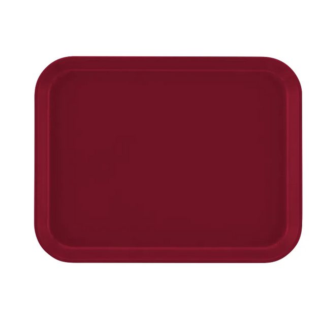 A rectangular, deep red Camtray with rounded corners and a slightly raised edge is centered on a plain white background. The tray, made from high-impact fiberglass, features a smooth, matte finish and is dishwasher safe.