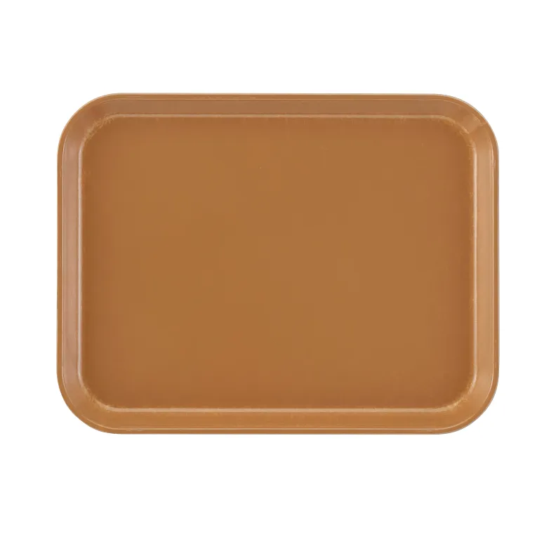 A rectangular, tan Camtray with rounded corners sits on a white background. Made from high-impact fiberglass, this tray features a smooth surface, slightly raised edge, and is dishwasher safe for easy cleaning.