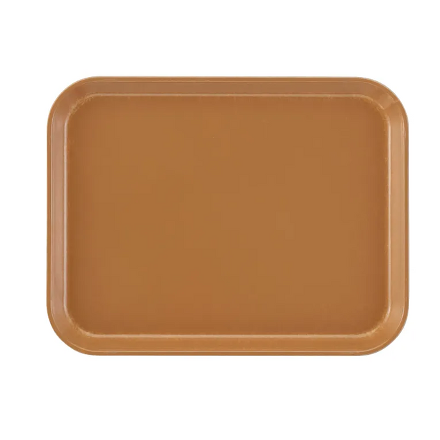 A rectangular, tan Camtray with rounded corners sits on a white background. Made from high-impact fiberglass, this tray features a smooth surface, slightly raised edge, and is dishwasher safe for easy cleaning.