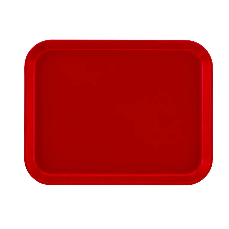 A plain, rectangular red Camtray with rounded corners and slightly raised edges is shown against a white background. The tray has a smooth, glossy surface, is dishwasher safe, and features no visible textures or patterns.