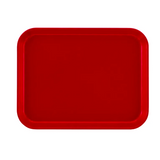 A plain, rectangular red Camtray with rounded corners and slightly raised edges is shown against a white background. The tray has a smooth, glossy surface, is dishwasher safe, and features no visible textures or patterns.