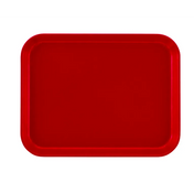 A plain, rectangular red Camtray with rounded corners and slightly raised edges is shown against a white background. The tray has a smooth, glossy surface, is dishwasher safe, and features no visible textures or patterns.