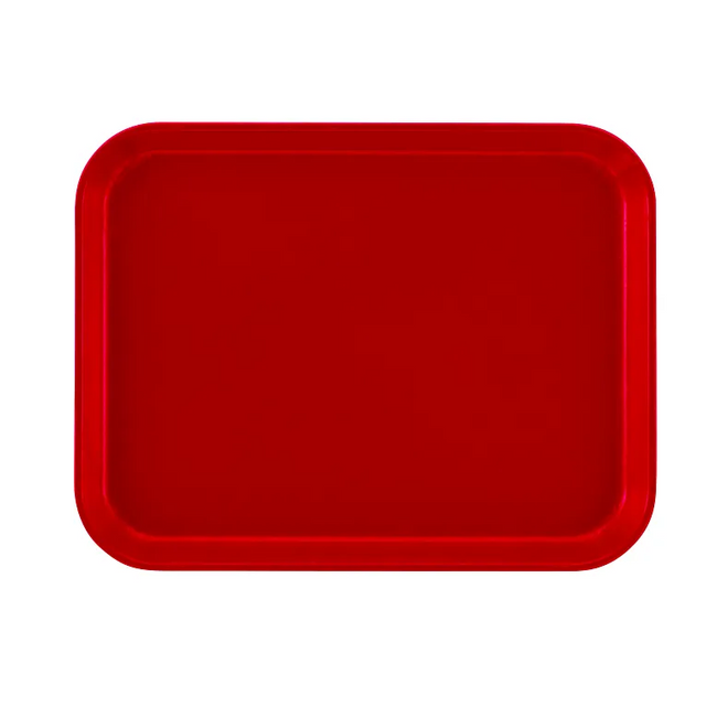 A plain, rectangular red Camtray with rounded corners and slightly raised edges is shown against a white background. The tray has a smooth, glossy surface, is dishwasher safe, and features no visible textures or patterns.