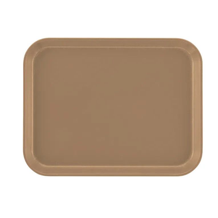 A rectangular, light brown Camtray with rounded corners and raised edges, viewed from above against a white background. The tray has a smooth surface, appears to be made of high-impact fiberglass, and is dishwasher safe.