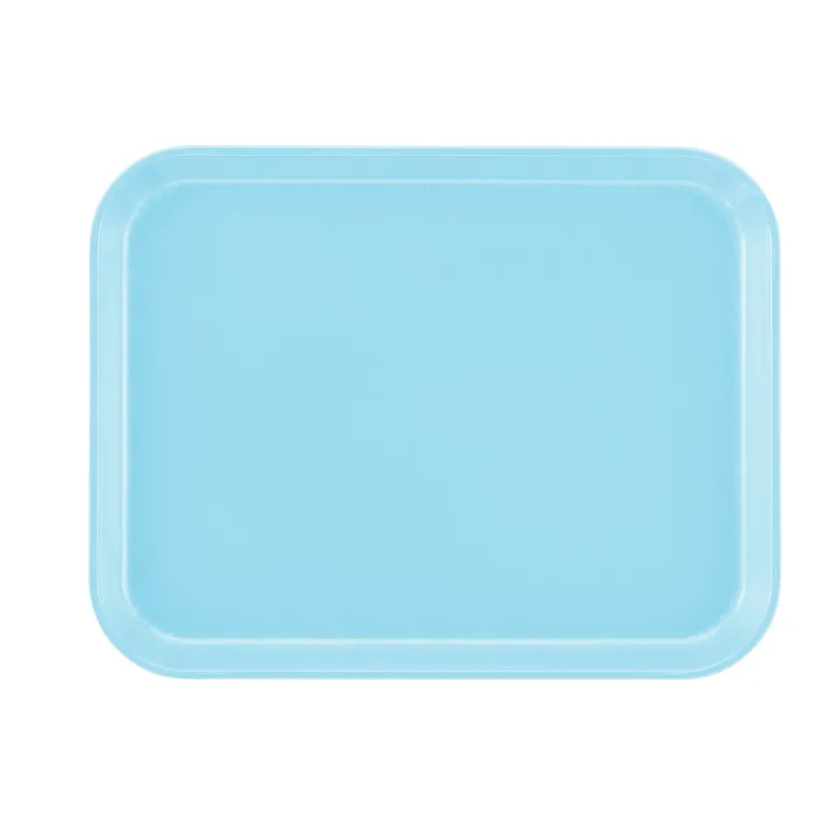 A rectangular, light blue Camtray with rounded corners and raised edges. Made from high-impact fiberglass, this dishwasher safe tray is photographed from above against a plain white background. The smooth surface appears unadorned.