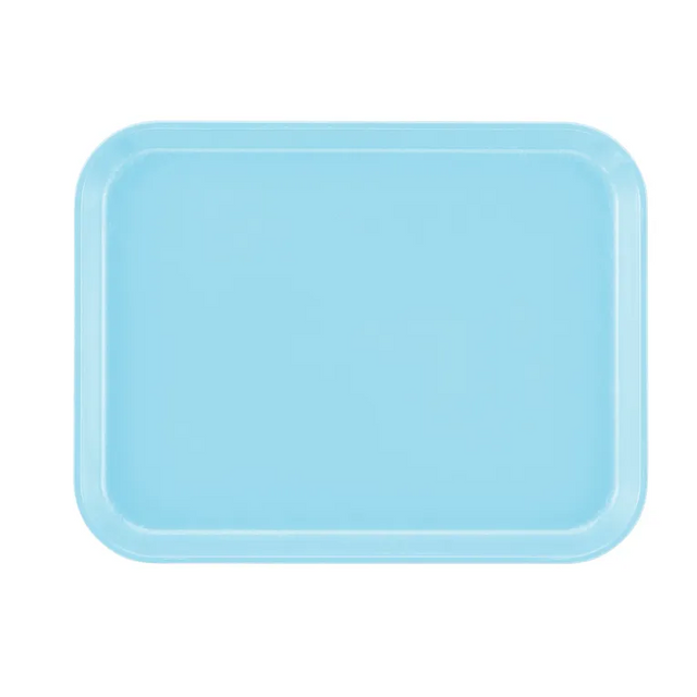 A rectangular, light blue Camtray with rounded corners and raised edges. Made from high-impact fiberglass, this dishwasher safe tray is photographed from above against a plain white background. The smooth surface appears unadorned.