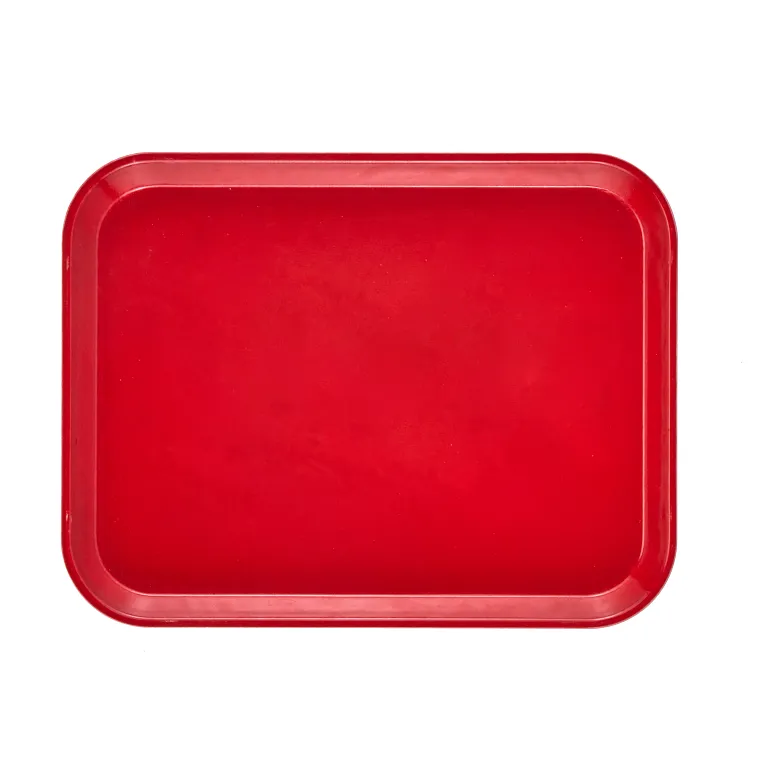 A rectangular, bright red Camtray with rounded corners and slightly raised edges, shown from above on a plain white background. The high-impact fiberglass tray has a smooth, glossy surface and is dishwasher safe. It appears empty.