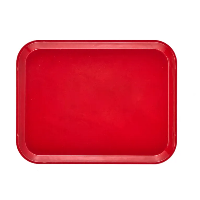 A rectangular, bright red Camtray with rounded corners and slightly raised edges, shown from above on a plain white background. The high-impact fiberglass tray has a smooth, glossy surface and is dishwasher safe. It appears empty.