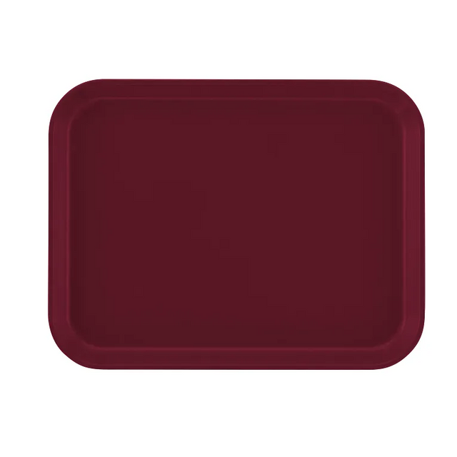A rectangular Camtray serving tray with rounded corners, shown from above. Made from high-impact fiberglass, it is solid dark burgundy with a slightly raised edge. The background is plain white and the tray is dishwasher safe.