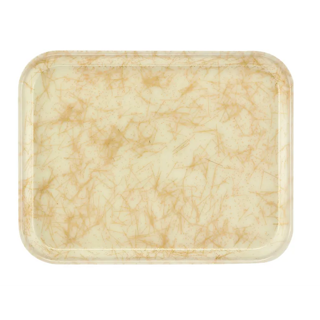 A Camtray rectangular tray with rounded corners, featuring a cream background and a marbled pattern of thin, tan, branch-like lines scattered across the surface. Made from high-impact fiberglass, this tray is durable and dishwasher safe.