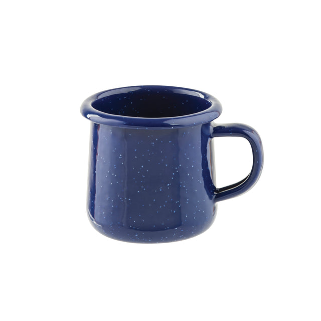 A dark blue speckle mug with a rounded rim and sturdy handle, featuring small white flecks throughout. This 6 oz mug is ceramic and is isolated on a white background.