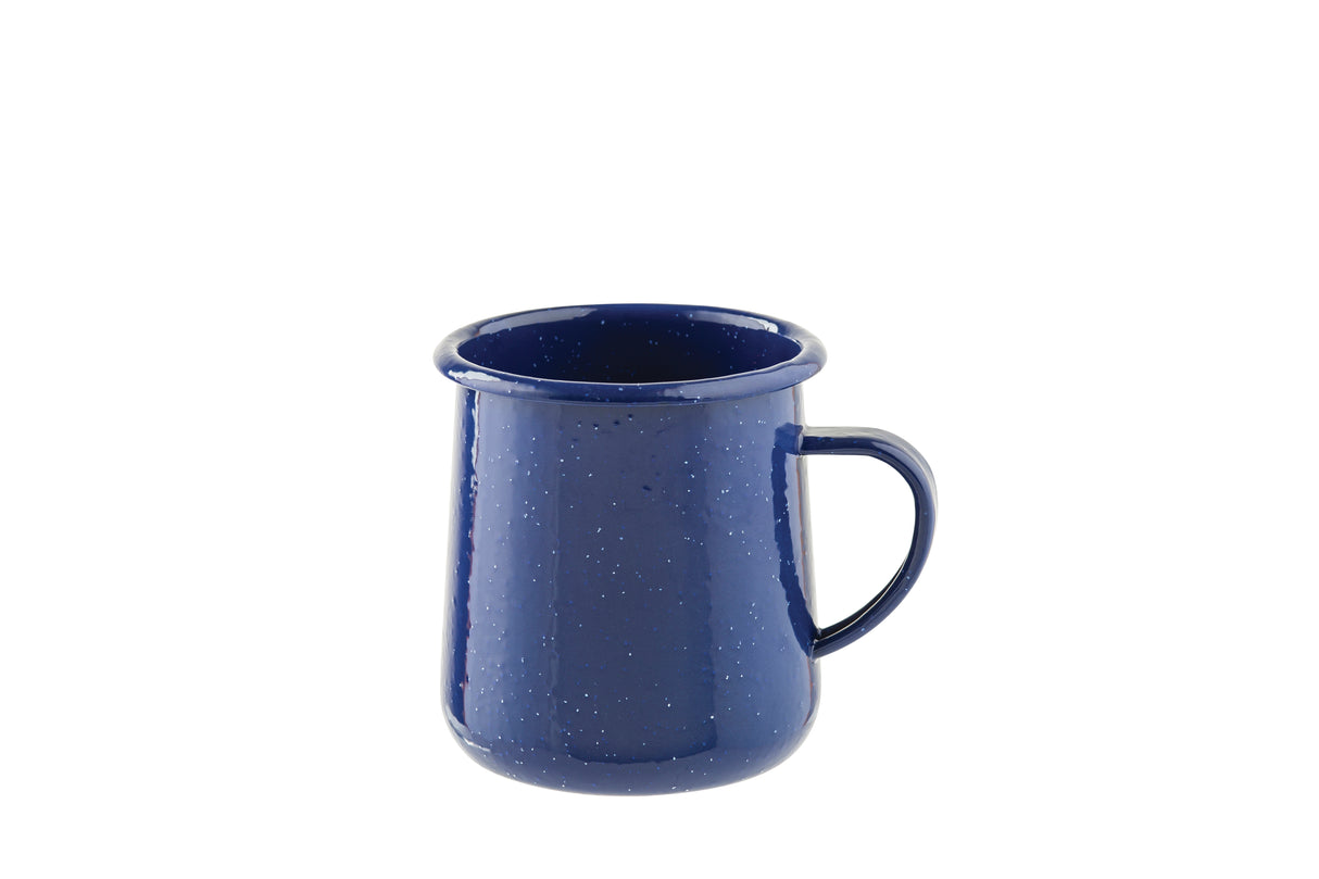A blue speckle mug with a handle, featuring a glossy enamel finish and white speckles. The enamel mug sits on a white background, slightly flared at the rim, with a classic design typical of rustic or outdoor kitchenware.