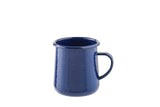 A blue speckle mug with a handle, featuring a glossy enamel finish and white speckles. The enamel mug sits on a white background, slightly flared at the rim, with a classic design typical of rustic or outdoor kitchenware.