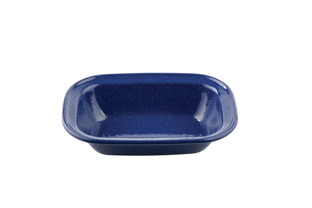 A deep, square blue speckle pan with rounded edges and a glossy finish, featuring small white speckles throughout. The serving pan is empty and photographed against a plain white background.