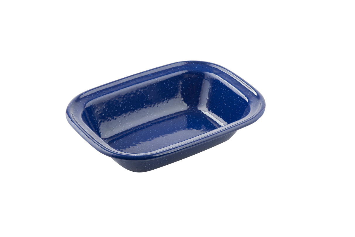 A rectangular, shallow blue speckle pan with slightly rounded edges and a glossy finish. This enamel rectangular pan features white speckles and is photographed on a white background.