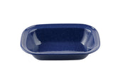 A rectangular enamel pan in deep blue with rounded corners and a glossy, speckled finish is displayed on a white background.