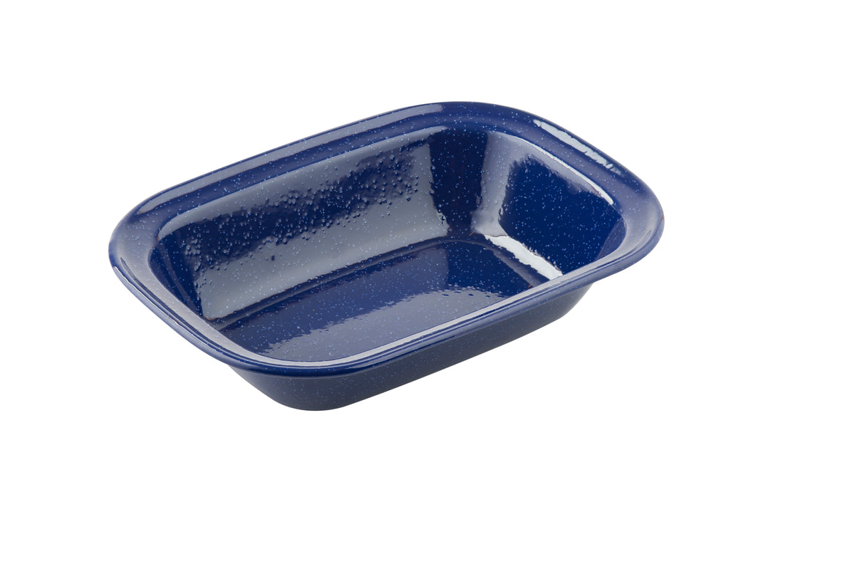 A blue, rectangular enamel pan with rounded corners and slightly sloped sides. The glossy surface features white speckles. This empty serving pan sits on a white background, ready for your next culinary creation.