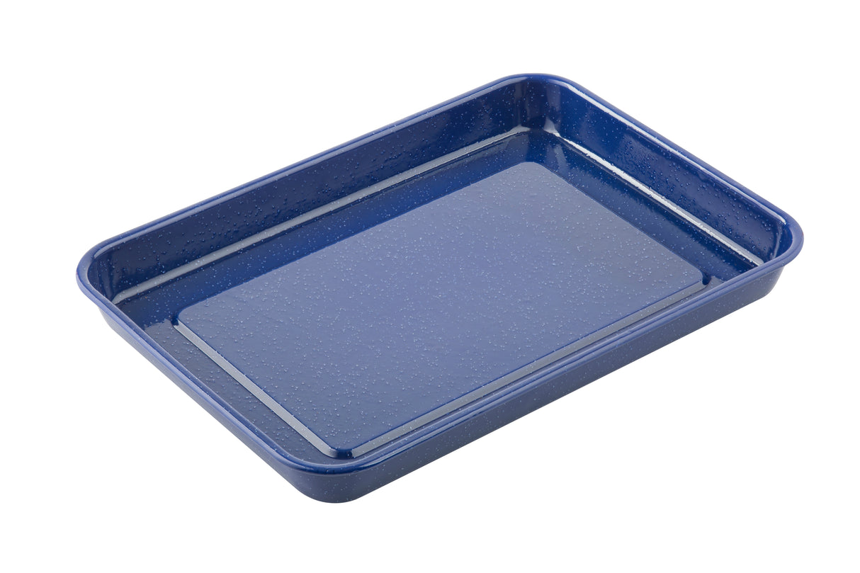 A rectangular enamel tray with slightly rounded corners and raised edges, featuring a glossy, speckled blue finish. The serving tray is empty and photographed against a white background.