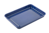 A rectangular enamel tray with slightly rounded corners and raised edges, featuring a glossy, speckled blue finish. The serving tray is empty and photographed against a white background.