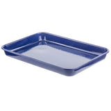 A blue rectangular enamel tray with slightly rounded edges and a glossy speckled finish, shown on a white background. This enamel tray has moderately high sides and is empty.