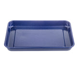 A rectangular enamel tray in deep blue with a glossy, speckled finish. This serving tray features slightly rounded corners and raised edges, resting on a white background.