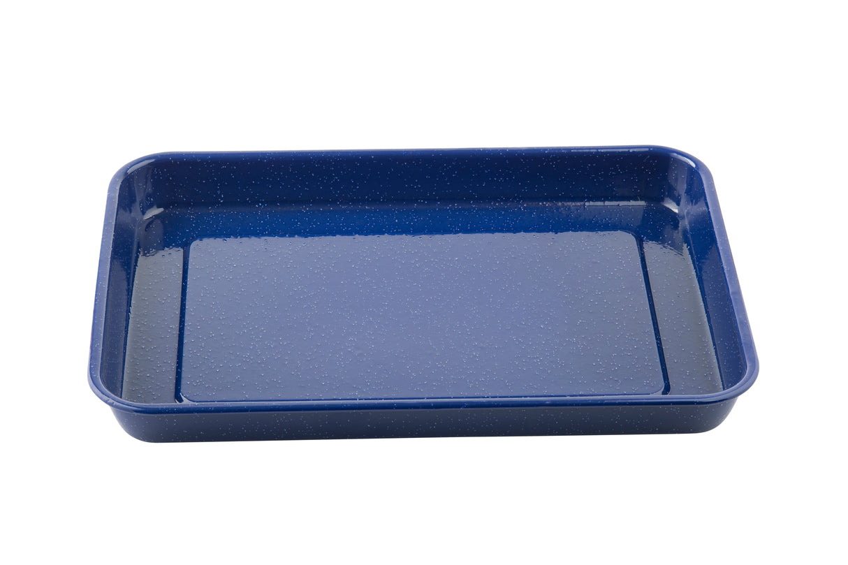 A rectangular enamel tray in deep blue with a glossy, speckled finish is shown against a white background. The tray features rounded corners and slightly raised edges, perfect as a baking or serving tray.