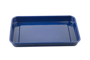 A rectangular enamel tray in deep blue with a glossy, speckled finish is shown against a white background. The tray features rounded corners and slightly raised edges, perfect as a baking or serving tray.