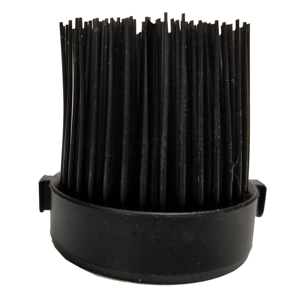 A close-up of a black cylindrical brush attachment with dense, straight bristles. The round base has a smooth plastic surface, resembling an NSF silicone basting brush, and is typically used for cleaning or vacuuming.