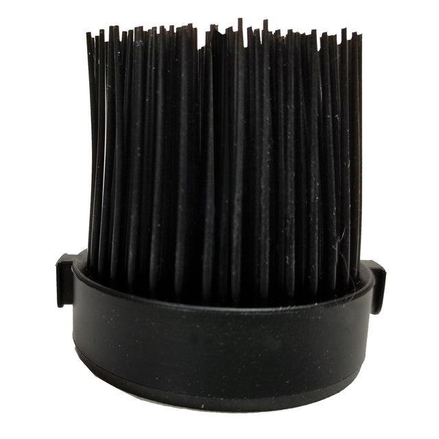 A close-up of a black cylindrical brush attachment with dense, straight bristles. The round base has a smooth plastic surface, resembling an NSF silicone basting brush, and is typically used for cleaning or vacuuming.