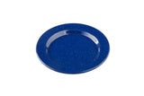 A round enamel plate with a deep blue glossy finish and white blue speckles throughout, set against a plain white background. The enamel plate has a slightly raised rim and appears empty.
