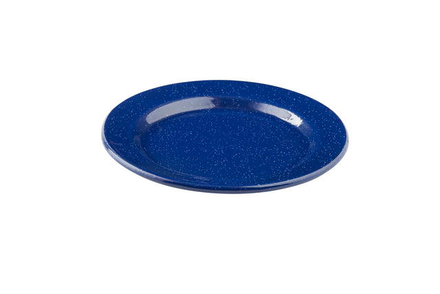 A round, deep blue speckle plate with a slightly raised rim and glossy finish, featuring small white speckles across its surface. The vitreous porcelain plate is photographed against a plain white background.