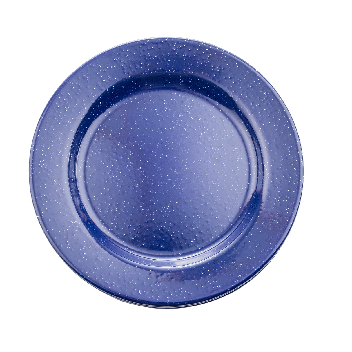 A round, deep blue vitreous porcelain plate with a glossy finish and small white speckled pattern, photographed from above on a white background.