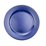 A round, deep blue vitreous porcelain plate with a glossy finish and small white speckled pattern, photographed from above on a white background.