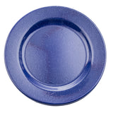 A round enamel plate with a glossy blue finish and white speckles, viewed from above on a white background. Its slightly raised rim and smooth surface give it a classic, vintage camping style look.