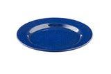 A deep blue porcelain plate with a glossy finish and small white speckles. The round plate is empty, photographed on a white background, highlighting its slightly raised edge and shallow center.