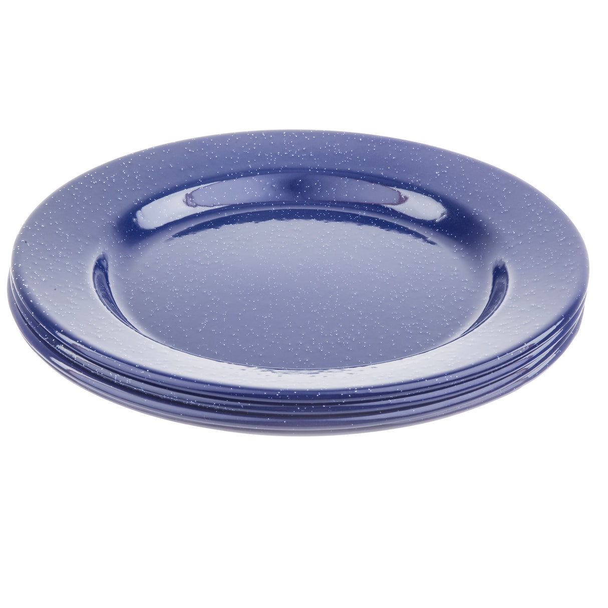 A stack of four round blue porcelain plates with a glossy finish and small white speckles, placed on a white background. The top plate is clearly visible, and the edges of the others are slightly offset beneath it.