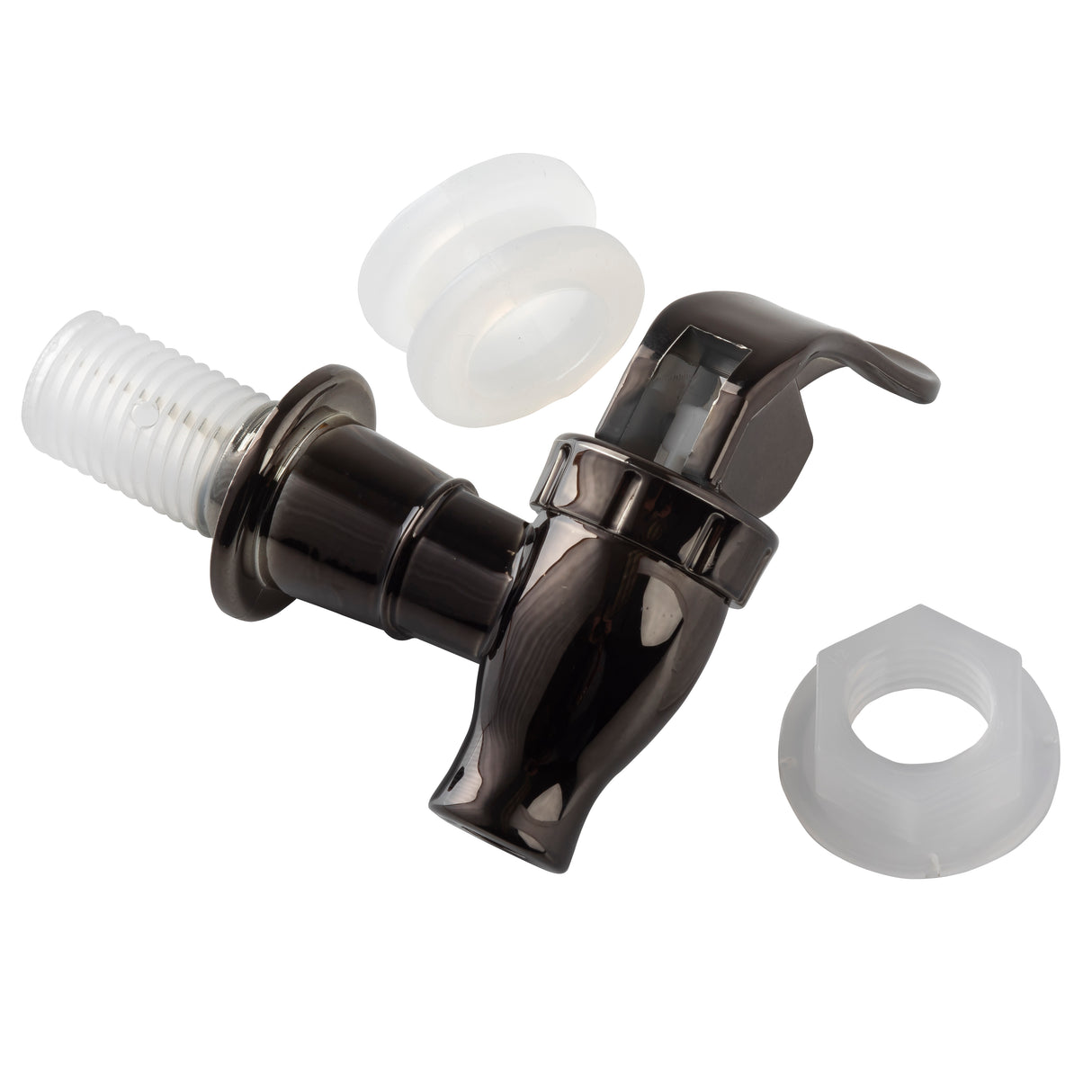 A black plated plastic replacement faucet with a curved handle is shown alongside a white plastic washer, a white threaded nut, and a translucent gasket, all placed on a white background for your beverage dispenser.