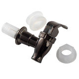A black plated plastic replacement faucet with a curved handle is shown alongside a white plastic washer, a white threaded nut, and a translucent gasket, all placed on a white background for your beverage dispenser.