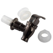 A black plated plastic replacement faucet with a curved handle is shown alongside a white plastic washer, a white threaded nut, and a translucent gasket, all placed on a white background for your beverage dispenser.