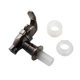 A black plated plastic replacement faucet with a lever handle is shown next to two white washers. This metallic black water spigot is ideal for beverage dispensers and features a threaded inlet for easy installation.