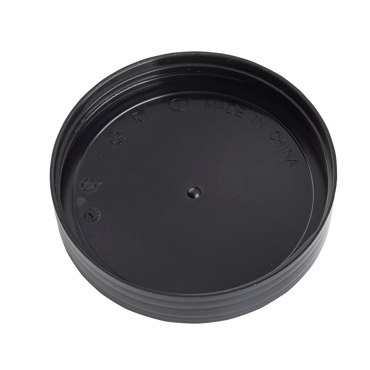 A black, round plastic PourMaster 8032BKBK Replacement Cap with ridged sides and a small central bump, displaying recycling symbols and the text MADE IN CHINA embossed on its surface. The background is plain white.
