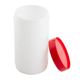 A white, cylindrical plastic container from the PourMaster series stands upright with its red replacement cap removed and resting diagonally against its side on a plain white background. The container is empty and its wide opening is clearly visible.