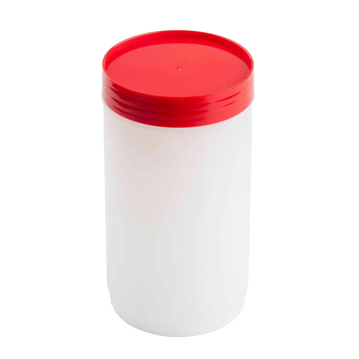 A white cylindrical plastic container from the PourMaster series, featuring a bright red screw-on lid. The smooth lid fits snugly on top and is dishwasher safe, making it convenient for everyday use. No labels or markings, set against a white background.