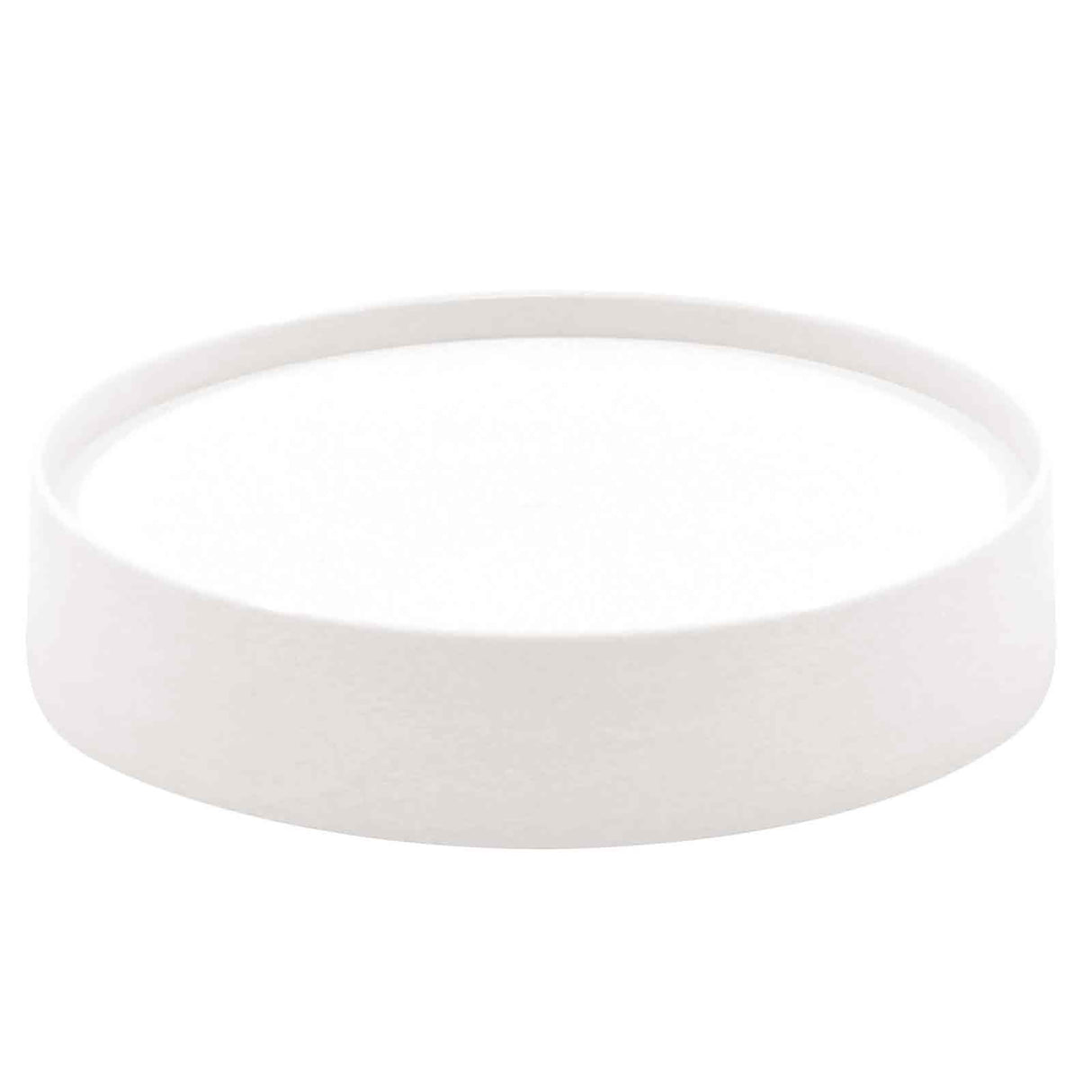 A round, shallow, white dish with a wide rim and flat base, photographed against a plain white background. The minimalist design features smooth lines and is dishwasher safe for easy cleaning.